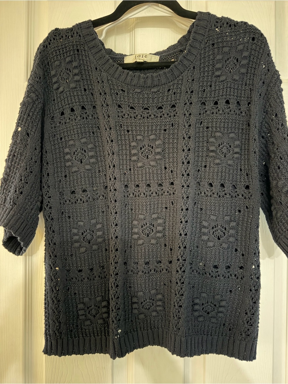 Joie Navy Openwork Crochet Crewneck Sweater